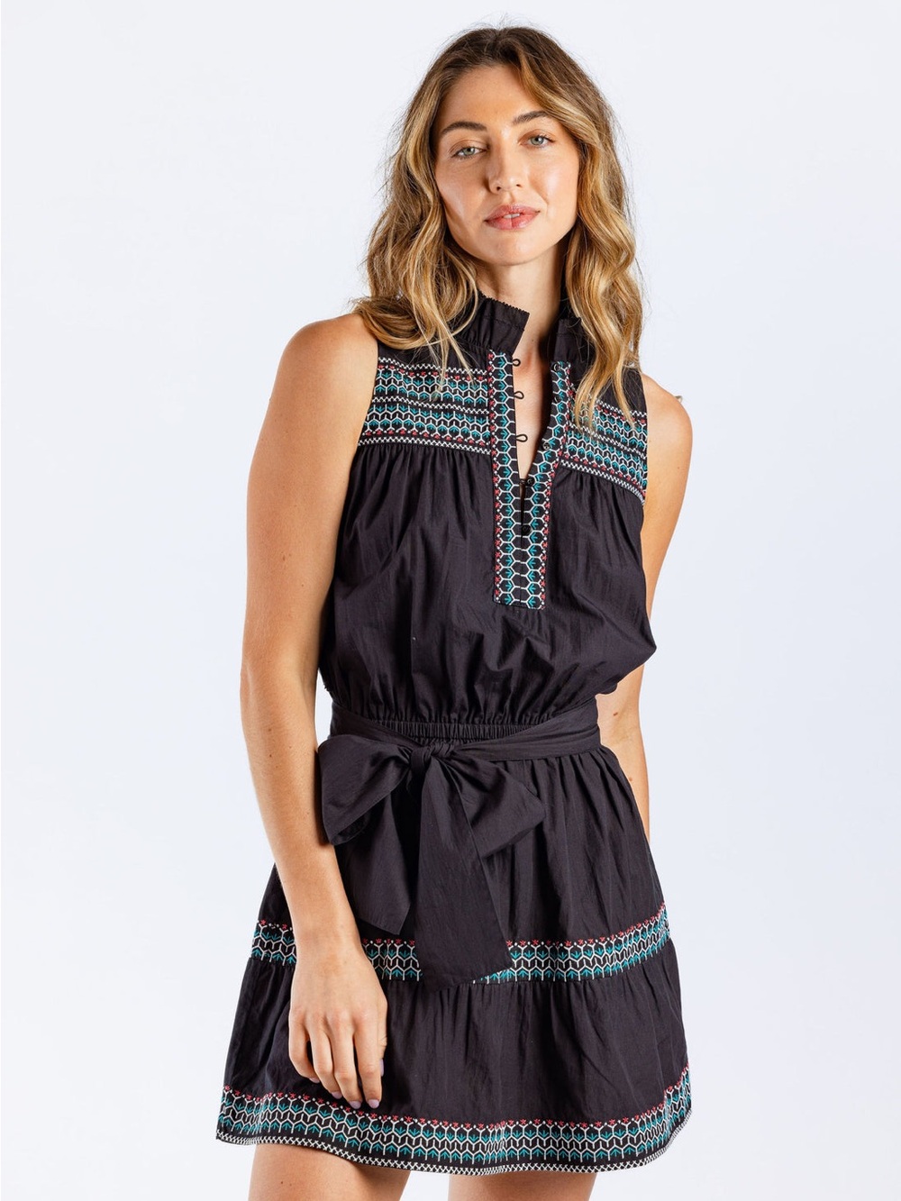 Sunday’s  Black Sleeveless Mini Dress with Multicolor Embroidery